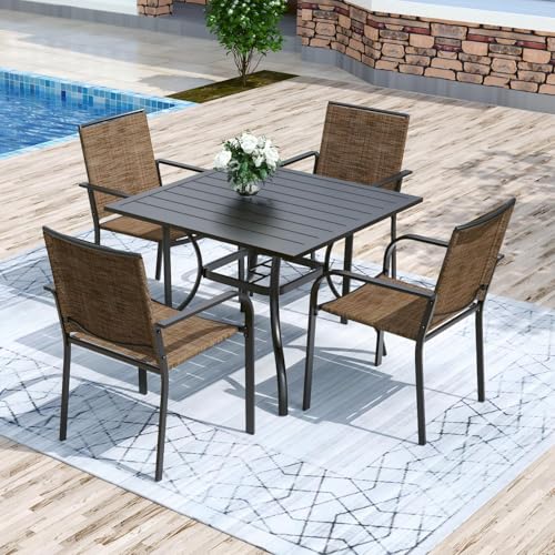 Anmutig 5 Piece Patio Dining Set, 35" Square Table & Stackable Chairs Brown - color: Brown Fabric + Black Frame, size: 35"*35"*28"