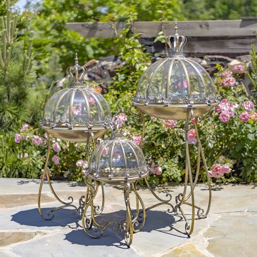 Set of 3 Glass Dome Terrariums with Iron Stands, Frosted Gold | Marseille 1792 - color: Frosted Gold