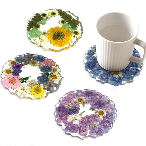 OLizee® Dried Flower Coasters Handmade 4Pcs Pressed Flower Coasters Handcrafted Colorful Natural Resin Reusable Round Clear Coasters Set of 4 Cute Floral Coasters for Table Aesthetic Home Decor