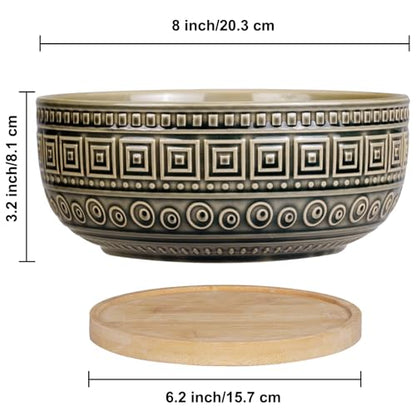 G EPGardening 8 Inch Ceramic Succulent Planter Pots Round Shallow Bonsai Planter Pot for Indoor Plants with Drainage and Bamboo Saucer Gray - color: Gray