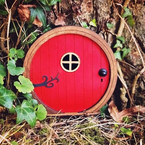 Red Fairy Garden Door for Tree, Fairy Doors for Trees Outdoor & Tree Trunk, Mini Fairy Garden Sculpture Lawn Ornament Decor, Fairytales Door Decoration, Fairytale Tiny House Doors Mini Gift