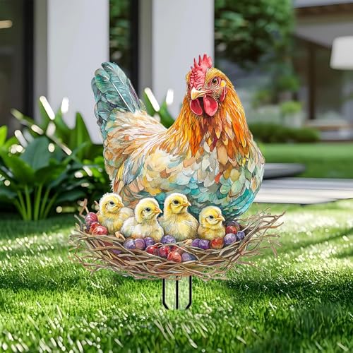 Rooster Garden Stakes Decor Yard Acrylic - 2D Spring Garden Acrylic Sign Decoration, Yard Art, Gift for Nature Lovers, for Indoor & Outdoor Flower Pots, Yard, Mini Gardens & Lawn (5.9”x5.9”) Y13