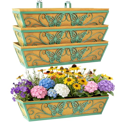 4 Pack 24 Inch Window Boxes Planter for Outdoor Plants Deck Railing Planters Box with Adjustable Brackets for Porch Fence Balcony Hanging Flower Baskets with Liner for Garden Décor - Green - color: Green, size: 24 Inch - 4 Pack
