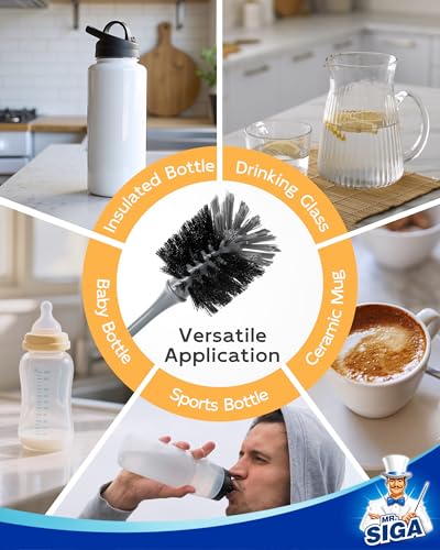 MR.SIGA Water Bottle Brush, Long Handle Bottle Brush for Sports Bottles | bottle brushes for cleaning, drinking glasses brush with bamboo handle, 5.7 cm(2.2 inch) wide brush head, 2 pack - color: Gray