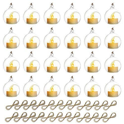 Sziqiqi Hanging Glass Globes Orbs Tea Light Candle Holders with Flameless LED Tealight for Wedding Ornaments, Wedding Birthday Christmas Party Centerpiece Accessory 2.36inch 20pcs +4 Extra | Glass Ball Fillable with Trinkets, for Wedding Ornament, Christm