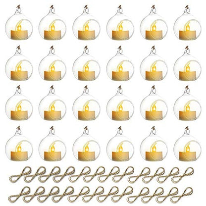 Sziqiqi Hanging Glass Globes Orbs Tea Light Candle Holders with Flameless LED Tealight for Wedding Ornaments, Wedding Birthday Christmas Party Centerpiece Accessory 2.36inch 20pcs +4 Extra | Glass Ball Fillable with Trinkets, for Wedding Ornament, Christm