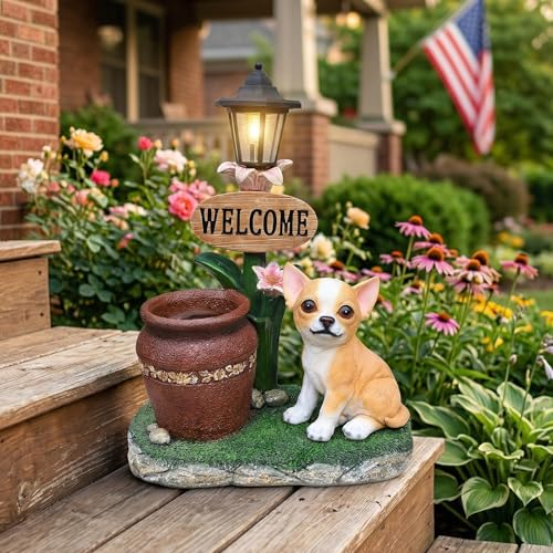 Solar Chihuahua Garden Statue - 20" Large Outdoor Dog Planter with Welcome Sign and LED Lantern, Weatherproof Resin Puppy Sculpture for Patio Yard Porch Decor, 11lbs Heavy Duty - color: Chihuahua Right