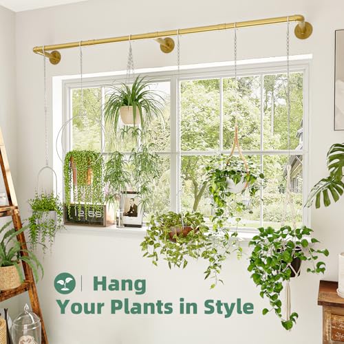Plant Hanger Indoor Hanging Planters for Indoor Plants | Hanging Plant Holder Window Plant Rod Gold Metal Shelves 63 Inch (Pot/Chains not Included - size: Gold 63 in