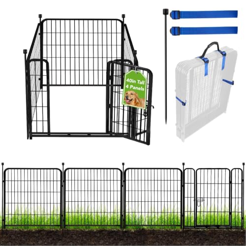 ADAVIN Tall Garden Fence with Gate,40 in(H) 4 Panels Animal Barrier Fence, Black Heavy Duty Iron Metal Fencing Border, Indoor or Outdoor Dog Playpen, No Dig RV Fencing for Yard. Total 8.9 FT(L) - size: 4panels-40in(H)×8.9ft(L)
