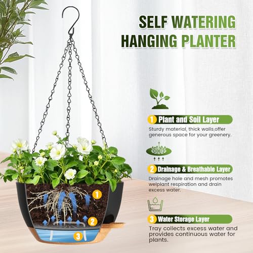 10 Inch Self-Watering Hanging Planters Set of 3 with Saucers - color: Black Brown, size: 10 Inch 3 Pack
