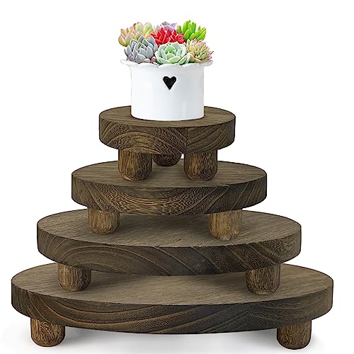 Wood Plant Stand Set of 4,mini Plant Stool 10 8 6 4 Inch, Wooden Display Risers Round Pedestal Counter Decor Holder Tiered Tray for Indoor Home Kitchen Patio Decoration (Dark Brown-4pack)