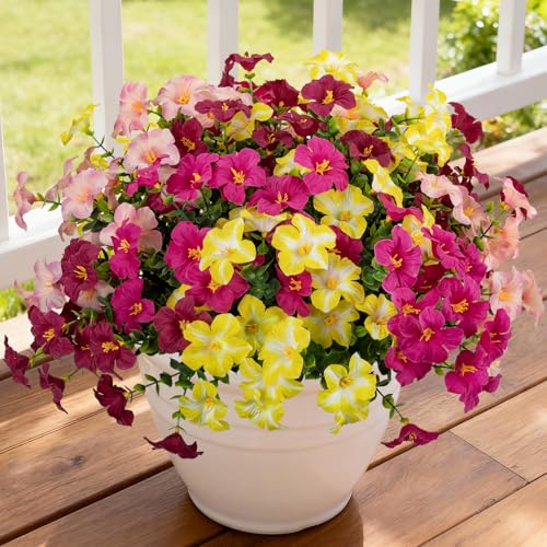 12 Bundles Artificial Flowers for Outdoors UV Resistant Fake Morning Glory - color: Hot Red,magenta,light Pink,light Yellow