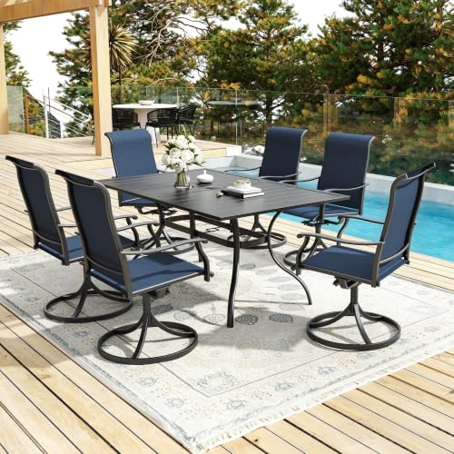 Anmutig 7-Piece Outdoor Dining Set, 63" Patio Table & 6 Blue Swivel Chairs | Powder-Coated Steel Frame, Textilene Fabric, Rust Resistant, Quick Drying, Umbrella Hole Design, Backyard, Patio, Garden Use - color: Blue, size: Table-63"*38", style: Arm Style2