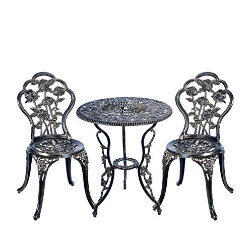 C/G 3 Piece Bistro Set, Outdoor Patio Table, Anti-Rust Cast Aluminum for Front Porch & Yard (Antique Copper) - color: Copper, size: Rose