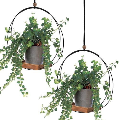 Geelin 2 Pack Plant Hanger with Wood Base Hanging Window Planter Boho Macrame Hanging Plant Holders for Window Indoor Outdoor Room Ceiling Home Decorations (Brown) - color: Brown