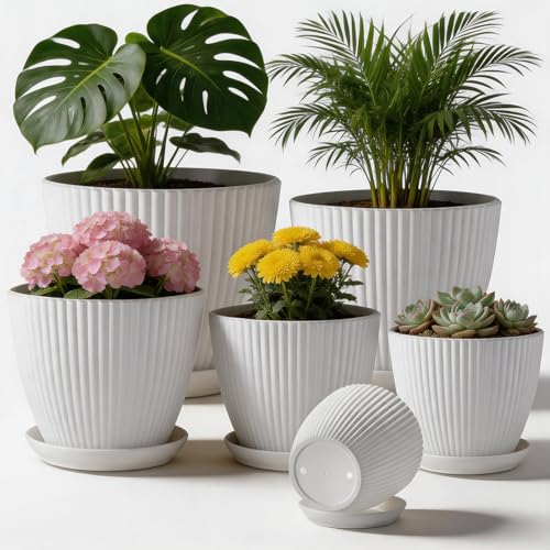 RooTrimmer Multi Size Plastic Plant Pots 6 Pack, Drain Holes, Saucers,White - color: White, size: 7.5/6.5/5.5/4.9/4.2/3.5 Inch Set