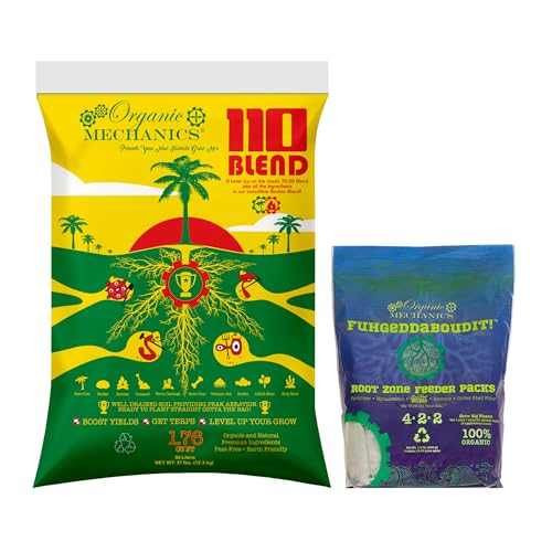 Organic Mechanics 110 Blend Organic Potting Soil 1.76 Cu Ft + 4-2-2 Fuhgeddaboutit Root Zone Feeder Packs Bundle – Peat Free Mix with Pre-Measured Fertilizer Pouches for Indoor & Outdoor Plants - size: Growing Bundle