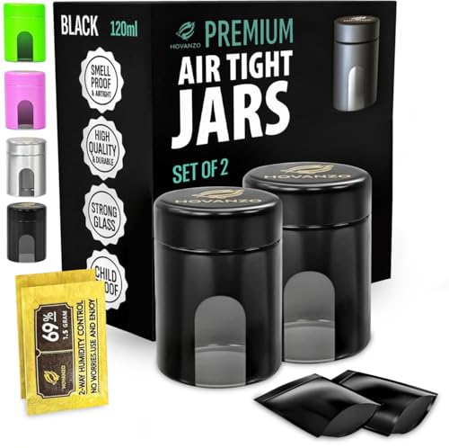 Premium Airtight Glass Storage Jars 120/180ml with 69% Humidity Control 2 Packs - UV Air Tight Jars with Child-Resistant Lid - Airtight Jar Container, Air Tight Storage,Storage Jars for Herb/Spice - color: Black, size: 120 ML - 2Pcs