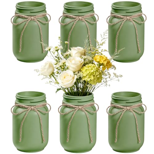 6Pcs Green Mason Jar Glass Flower Vases for Centerpieces | Farmhouse Rustic Decorative Vases with Twine, Wedding & Home Table Decor, Multi-Purpose Vase Bulk, Floral Arrangements - color: Green