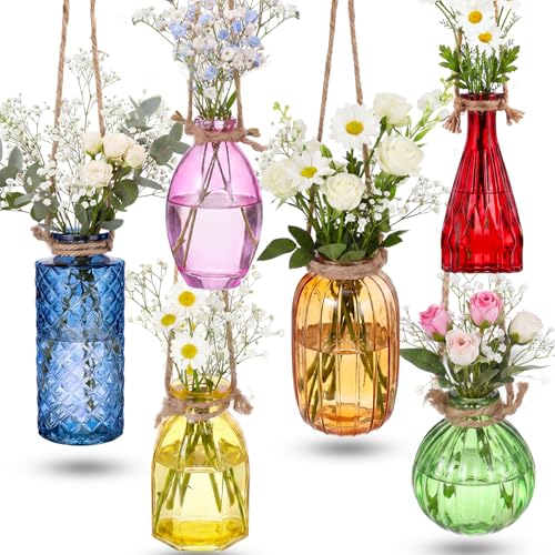 6 Pcs Stained Glass Hanging Vases Colorful Hanging Propagation Vases with Rope Hangings Glass Terrariums Planters Pot for Air Plants Flowers Garden Home Wedding Decor(High Saturation Colorful Series) - color: High Saturation Colorful Series