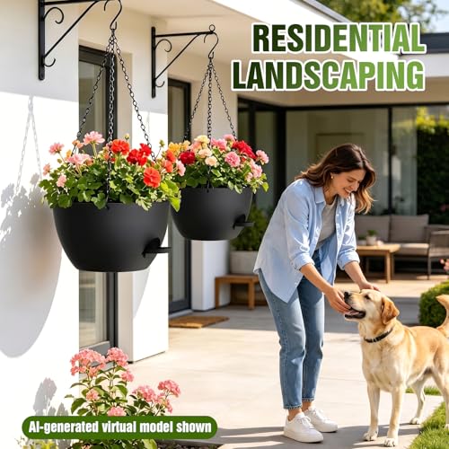 12 Inch Large Self Watering Hanging Planters 2 Pack with Saucers - color: Black, size: 12 Inch 2 Pack