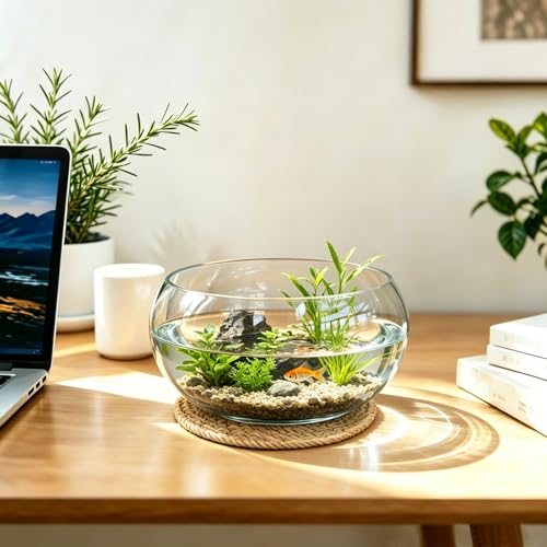 8" Round Glass Lotus Bowl Planter with Rattan Mat, Clear Indoor Hydroponic Water Lily Pot for Aquatic Plants, Bonsai & Lotus Flowers, Decorative Terrarium Bowl Vase, Fish Tank - size: 8 Inch