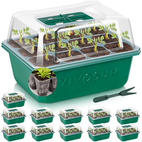 VIVOSUN 12-Pack Seed Starter Trays, 144-Cell Starter Kit with Humidity Dome | Flat Reusable Plant Germination Trays with Drain Hole, Green Propagation Tray for Planting Seeds, 12 Cells x 6 Packs - size: 12-Pack 144-Cell, style: Trays