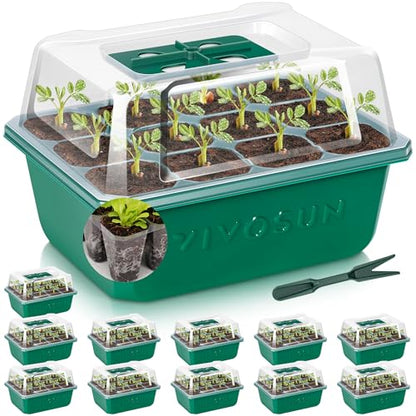VIVOSUN 12-Pack Seed Starter Trays, 144-Cell Starter Kit with Humidity Dome | Flat Reusable Plant Germination Trays with Drain Hole, Green Propagation Tray for Planting Seeds, 12 Cells x 6 Packs - size: 12-Pack 144-Cell, style: Trays