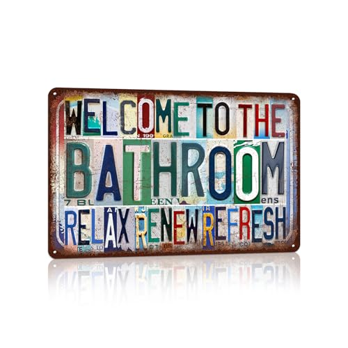 Vintage Welcome To The Bathroom Relax Renew Refresh | Bathroom Wall Decor Metal Sign Tin Signs - color: Welcome-A-04