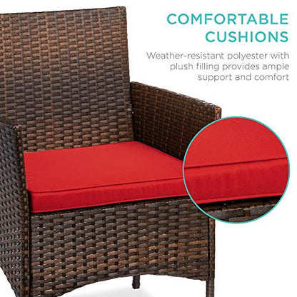 Best Choice Products 3-Piece Outdoor Wicker Conversation Bistro Set, Space Saving Patio Furniture for Garden w/Side Table - Brown/Red - color: Brown/Red