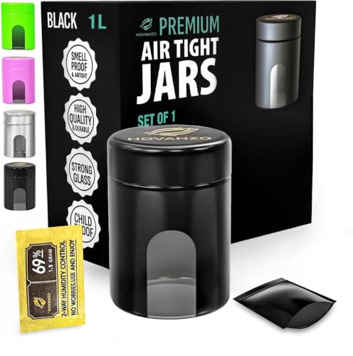 Premium Airtight Glass Storage Jars 1L with 69% Humidity Control 4 Packs - UV Air Tight Jars with Child-Resistant Lid - Airtight Jar Container, Air Tight Storage,Storage Jars for Herb/Spice - color: Black, size: 1000 ML - 1Pc