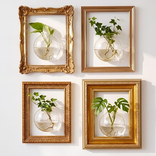 Kathfly 4 Sets Glass Wall Vase Planters with Vintage Picture Frame, Farmhouse Wall Propagation Planter Station Glass Vases for Hydroponics Plants Indoor Home Office Living Room Gallery Decor Gift