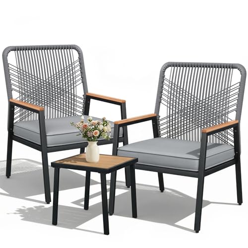 LIFERUN 3-Piece Rattan Patio Set with 2 Chairs and Table, Gray