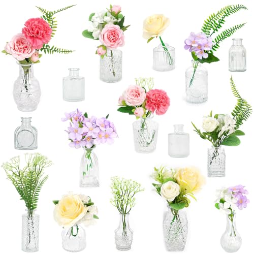 WARMALL Artificial Flowers with Vases, 16 Pcs Bud Vases, & 44Pcs Artificial Color Flower DIY Set Suitable for Centerpieces Table Weddings Party Office and Indoor Decor Mini Small Glass Clear（Color） - color: Wild