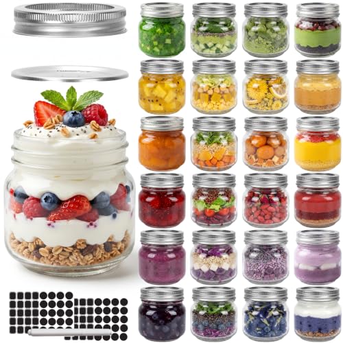 CycleMore 24 Pcs 8oz Clear Glass Mason Jars With Silver Spilt Lids | AirTight, BPA-Free, Dishwasher Safe, Half-Pint Canning Jars for Honey, Jam, Herb, Kitchen Storage, DIY Souvenir - size: 8oz - 24 Pack