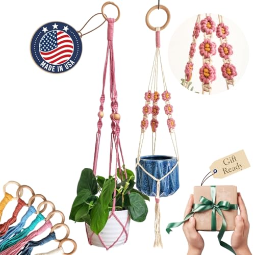 Set of 2 Macrame plant hanger with Daisies & Beads | Hanging plant holder Macrame Plant hangers outdoor and indoor hanging planters Plant stand indoor Boho Decor hanging planter stand (Champagne Pink) - color: Champagne Pink