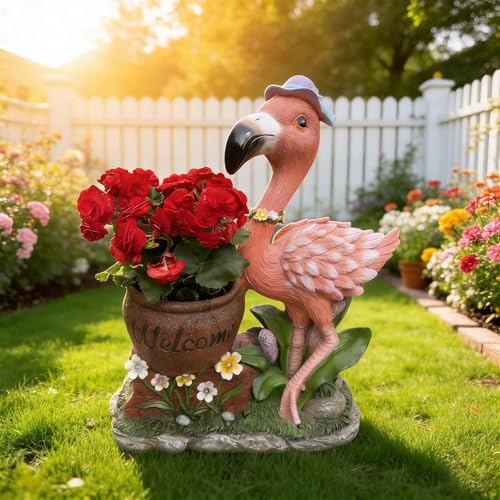 Flamingo Garden Statue with Planter - 26 Inch Resin Yard Art with Welcome Sign, Outdoor Decor for Patio, Lawn, Porch, Gift for Mom & Garden Lovers (14.3 LBS) - Purple Sun hat - color: Purple Sun Hat