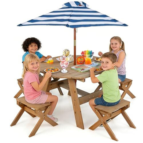 HONEY JOY Kids Picnic Table, Fir Wood Octagon Table & 4 Stool Set, Stripe Fabric Umbrella, Toddler Picnic Table for Outdoors, Children Backyard Furniture for Patio Garden (Natural) - color: Natural, size: Octagon Table