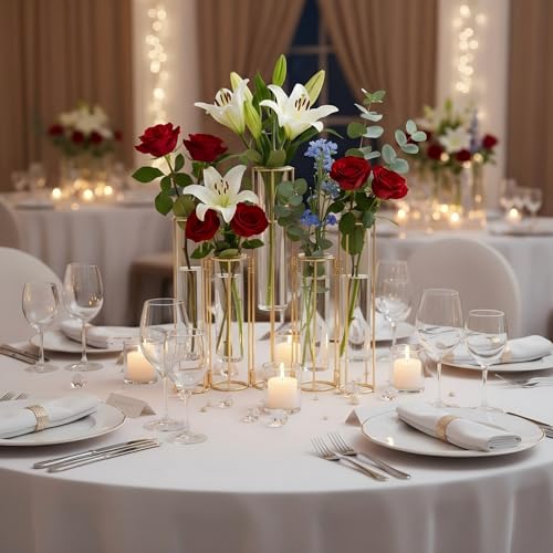 Gold Vases for Centerpieces, Test Tube Flower Vase with 5 Test Tubes, Gold Flower Vase with Metal Stand Racks Hydroponic, Glass Hinged Propagation Plant Vase for Wedding Table Home Decor