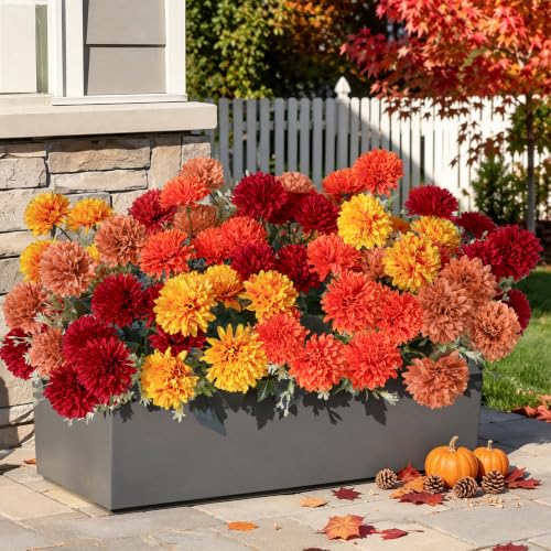 Artificial Mums for Outdoors Fall Flowers Artificial for Decoration, 12 Bundles Fake Mums Realistic UV Resistant Fall Plants Faux Mums for Outdoor Planters Patio Porch Yard Front Door Gardens Indoor - color: Multi-color (3 Orange, 3 Burgundy, 3 Yellow, 3