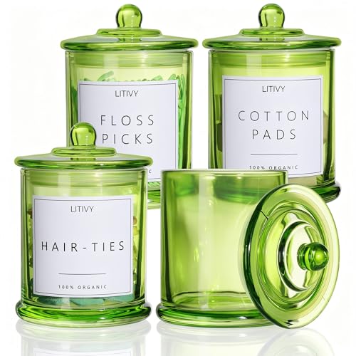 LITIVY 4 Pack Bathroom Organizers and Storage - 16 Oz Glass Qtip Holder & Cotton Pad Dispenser with Lid, Apothecary Jars for Home, Room Decor, Kitchen Organizer (Green) - color: Green