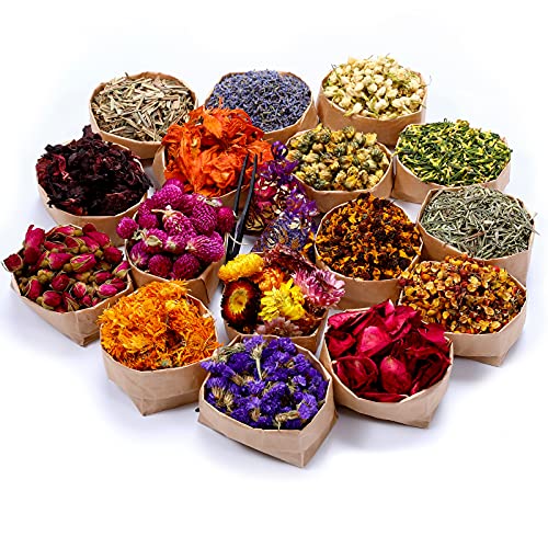 16 Bags Dried Flowers,100% Natural Dried Flowers Herbs Kit for Soap Making, DIY Candle Making,Bath - Include Rose Petals,Lavender,Don't Forget Me,Lilium,Jasmine,Rosebudsand More - color: 16 Bags*10g