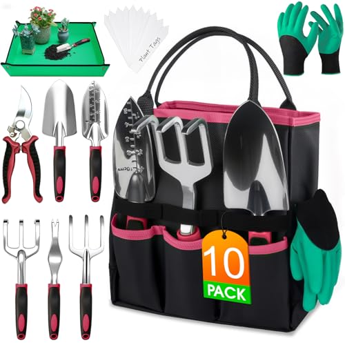 WOWBOX Garden Tools Set, 10 PCS Heavy Duty Gardening Hand Tools Kit, Red | Gardening Tool Set with Storage Tote, Rust-Resistant Gardening Supplies with Non-Slip Ergonomic Handle for Women and Men - style: Black Red