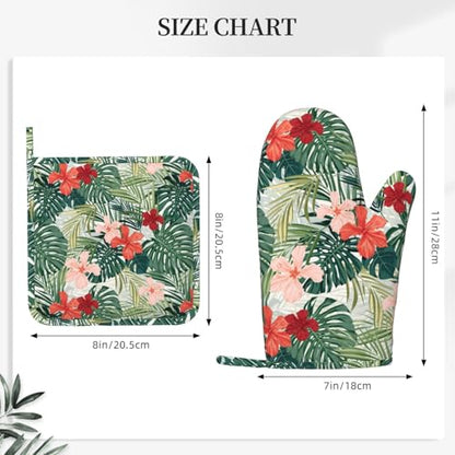 Tropical Floral Oven Mitts and Pot Holders for Heat Resistant Hawaiian Plant Silicone Oven Mittens and Jungle Palm Leaf Hibiscus Potholders Gloves Hot Pads for Kitchen Cooking Baking Grilling - color: Red Green