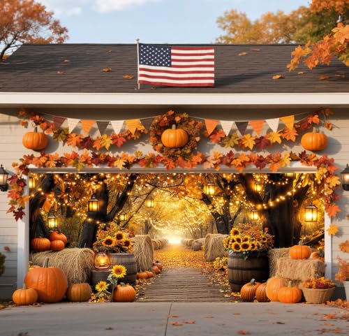 Fall Photo Garage Door Cover Decorations, Autumn Forest Scenery Maple Leaves Pumpkins Sunflowers Farm Harvest Thanksgiving Day Friendsgiving Party Outdoor Wall Patio Yard Decor Banner 16X7FT - color: Orange, size: 16X7FT
