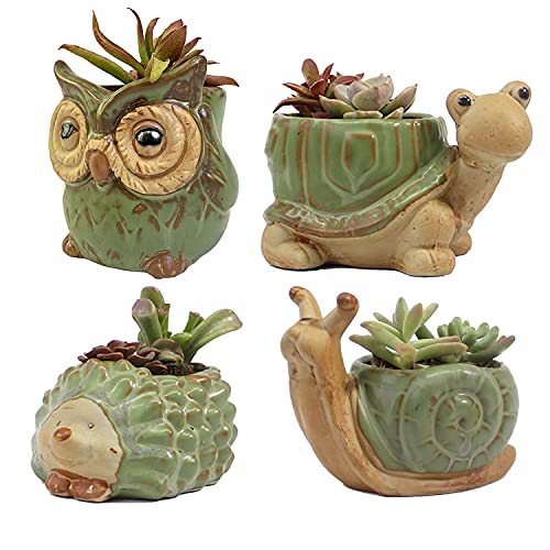 Small Ceramic Succulent Pot with Drainage, Animal Succulent Planter, 4.4 Inch Flower Pots, for Flower, Cactus, Mini Succulent Plants, Indoor and Outdoor use, Set of 4 Garden Gift