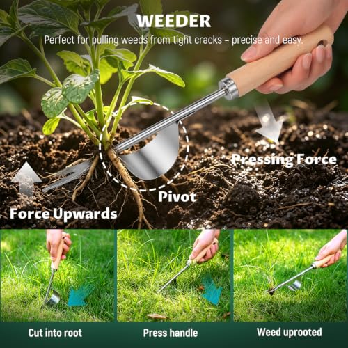 Gardening Tool Set, Heavy Duty Stainless Steel Hand Tools with Wooden Handles, Storage Tote Bag, Ergonomic Design, Ideal Gardening Gifts for Women, Men, Mom and Dad