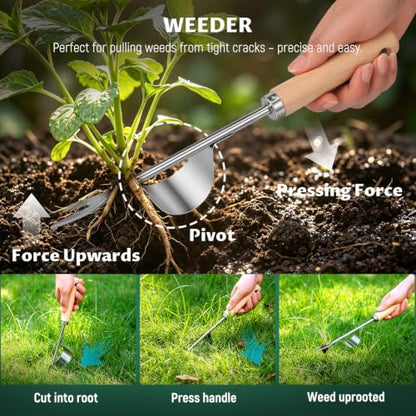Gardening Tool Set, Heavy Duty Stainless Steel Hand Tools with Wooden Handles, Storage Tote Bag, Ergonomic Design, Ideal Gardening Gifts for Women, Men, Mom and Dad