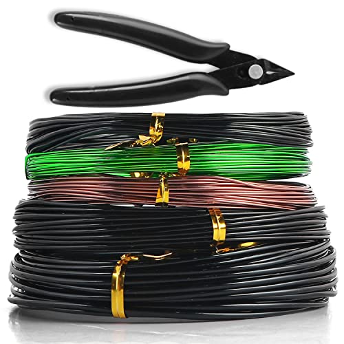 Sanlykate Bonsai Wire Tool Kit with Cutter, 5 Roll Tree Training Wires 164 Feet Total, 1.0mm, 1.5mm, 2.0mm Anodized Aluminum Wire Set, Hold Plant Branches Trunks (Black, Green, Brown) - style: 5 Rolls Mixed 164 Ft, WITH Cutter