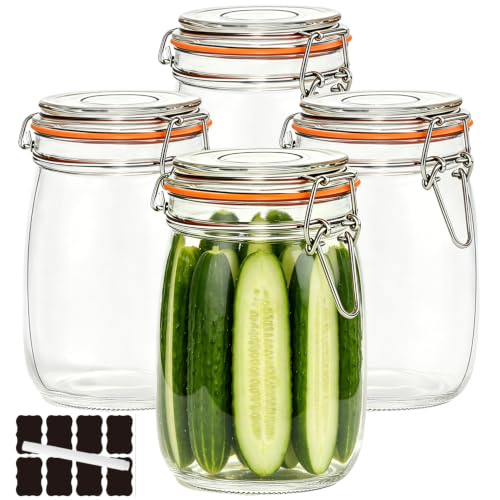 32 oz Pickling Jars with Airtight Lids,4 Pack Air Tight Glass Storage Jars with Airtight Lid,Wide Mouth Sealed Air Tight Jar with Hinged Lids for Canning,Pickling,Fermenting